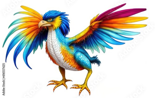 Watercolor imaginary a colorful bird, rainbow fur.