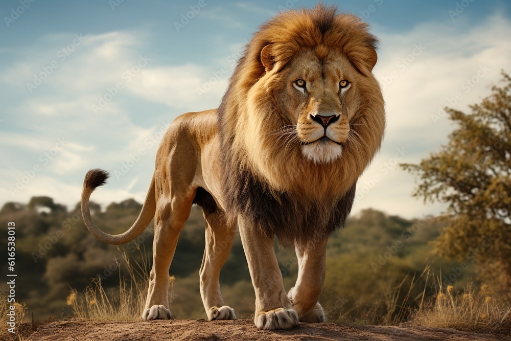 Lion standing upright and looking attentively at the camera, Generative ai Lion standing upright and looking attentively at the camera, Generative ai