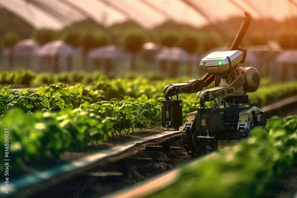 Modern organic farm adopts robotic industry technology to apply in vegetable plots to work and help harvest, Generative ai
