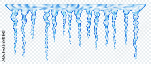 Group of translucent blue realistic icicles of different lengths, connected at the top, isolated on transparent background. Transparency only in vector format