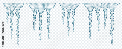 Groups of translucent gray realistic icicles of different lengths, connected at the top, isolated on transparent background. Transparency only in vector format
