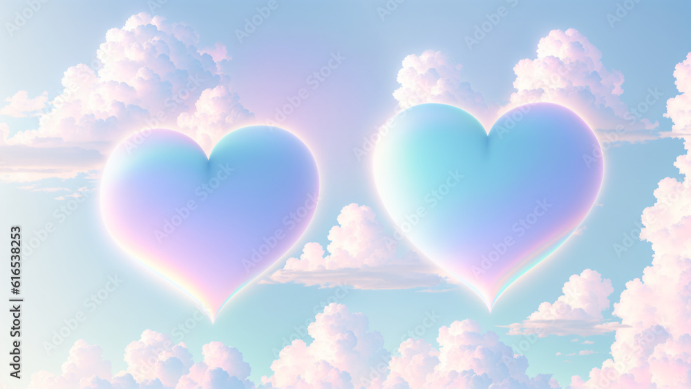 Two hearts in the sky, light pastel holographic psyshedelic peaceful palette, AI Generated