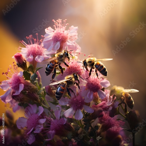 A captivating photo capturing the delicate dance of bees as they sip nectar from the flowers in the garden during the early morning.  © Fauzan