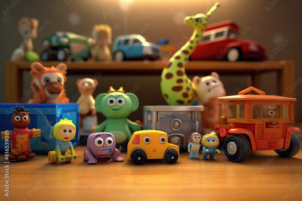 Set of different cute toys on wooden table in children's room, Generative ai Set of different cute toys on wooden table in children's room, Generative ai