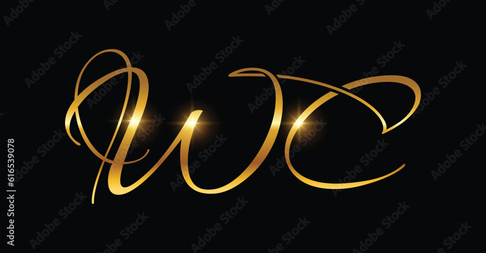 A vector illustration of Golden WC Monogram Initial Letters Logo  in black background with gold shine effect