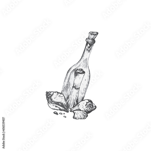 handdrawn paper in glass bottle illustration, glass paper drawing, sea, elements, marine illustrations, sea, ocean, water, glass bottle tattoo