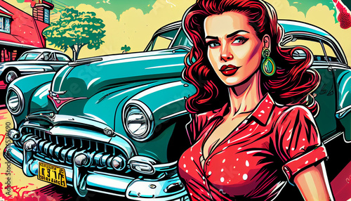 Portrait of a woman on the background of a retro car. Retro comedian rockabilly style 60s-70s. AI generated. photo