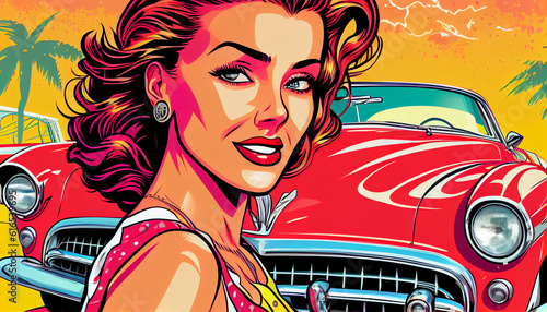 Portrait of a woman on the background of a retro car. Retro comedian rockabilly style 60s-70s. AI generated. photo