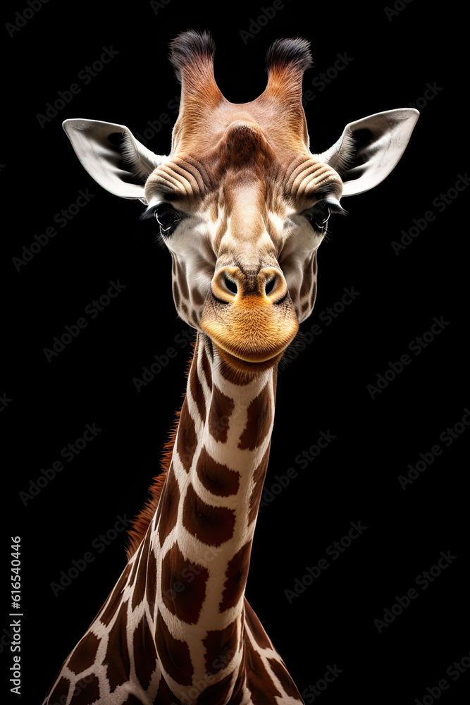 Portrait illustration of a giraffe on a black background.AI generative