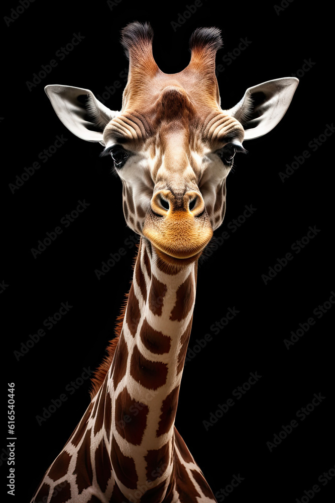 Naklejka premium Portrait illustration of a giraffe on a black background.AI generative
