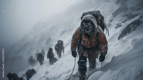 A climber on an Everest expedition paying respects at a memorial site for fallen climbers, surrounded by prayer flags fluttering in the wind photo