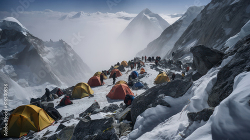A climber on an Everest expedition paying respects at a memorial site for fallen climbers, surrounded by prayer flags fluttering in the wind