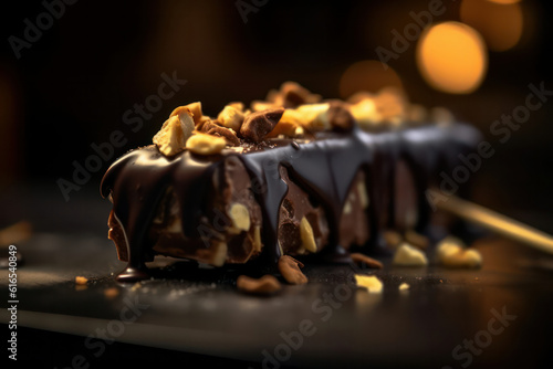 A hyperrealistic close-up of an ice cream bar dipped in chocolate and coated with crunchy nuts, showcasing the irresistible combination of creamy and crunchy textures in hyperrealistic 8k detail