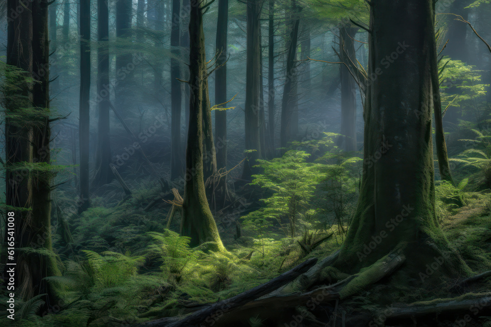 A mystical forest veiled in mist, with rays of sunlight piercing through the fog, evoking a sense of mystery and enchantment in breathtaking 8k detail