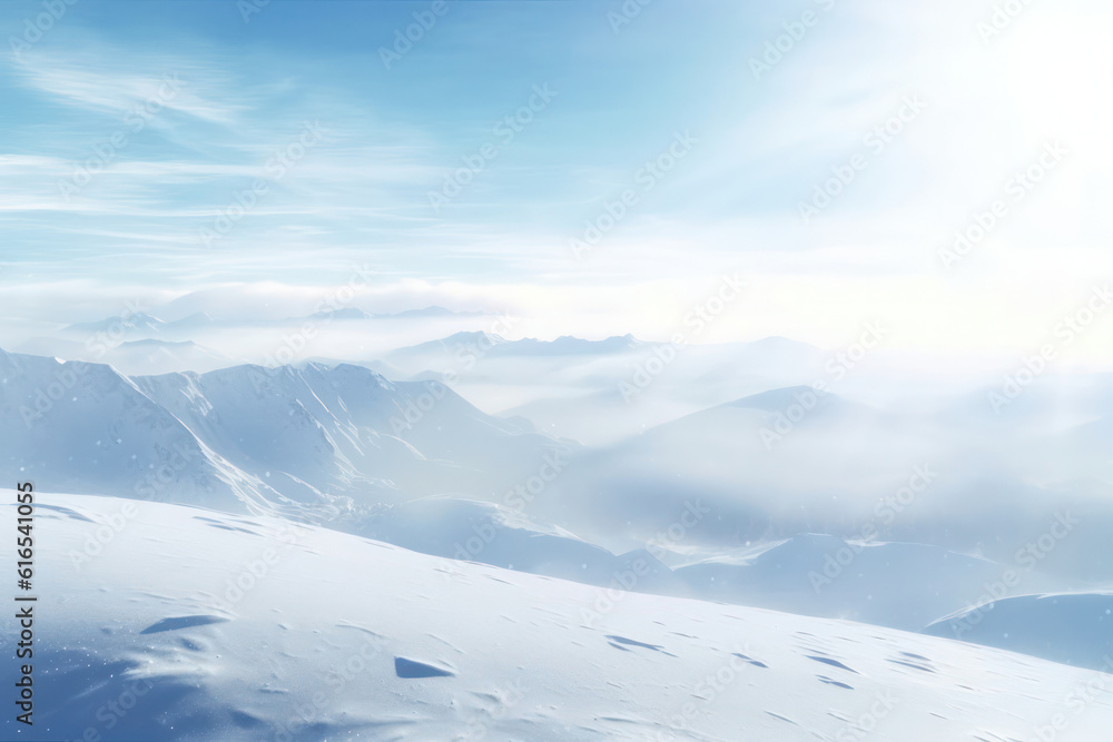An awe-inspiring mountain range covered in pristine snow, with clear blue skies and a sense of vastness that evokes a feeling of adventure and exploration in breathtaking 8k detail