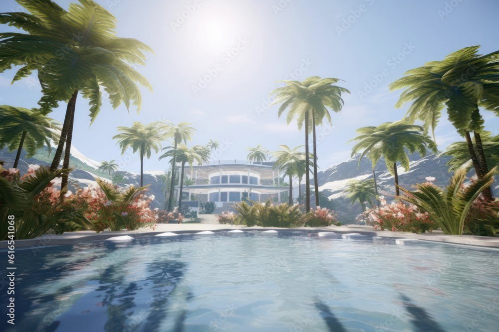 A hyperrealistic shot of a magnificent swimming pool with a waterfall feature, creating a soothing and rejuvenating environment, perfect for unwinding and embracing the summer vibes