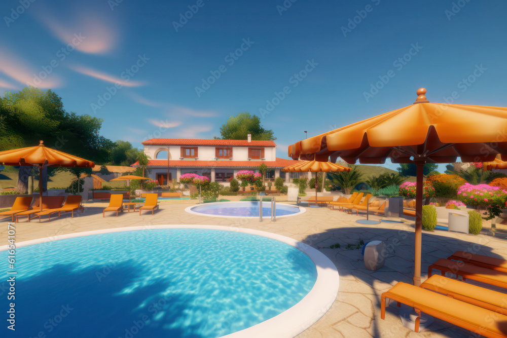 A hyperrealistic portrayal of a resort-style swimming pool with comfortable lounge chairs and umbrellas, providing the ultimate relaxation spot for enjoying the summer sun in hyperrealistic 8k detail