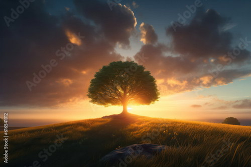 A hyperrealistic portrayal of a lone tree against a dramatic cloudy sky, with rays of sunlight breaking through, creating a captivating atmosphere, in hyperrealistic 8k detail