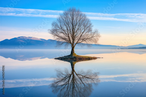 A hyperrealistic depiction of a solitary tree by a serene lake, with mirror-like reflections, capturing the tranquility and harmony of nature, in hyperrealistic 8k detail