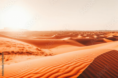 A stunning desert landscape with sand dunes stretching into the distance, bathed in warm sunlight and showcasing the unique beauty of arid environments in stunning 8k detail © Matthias