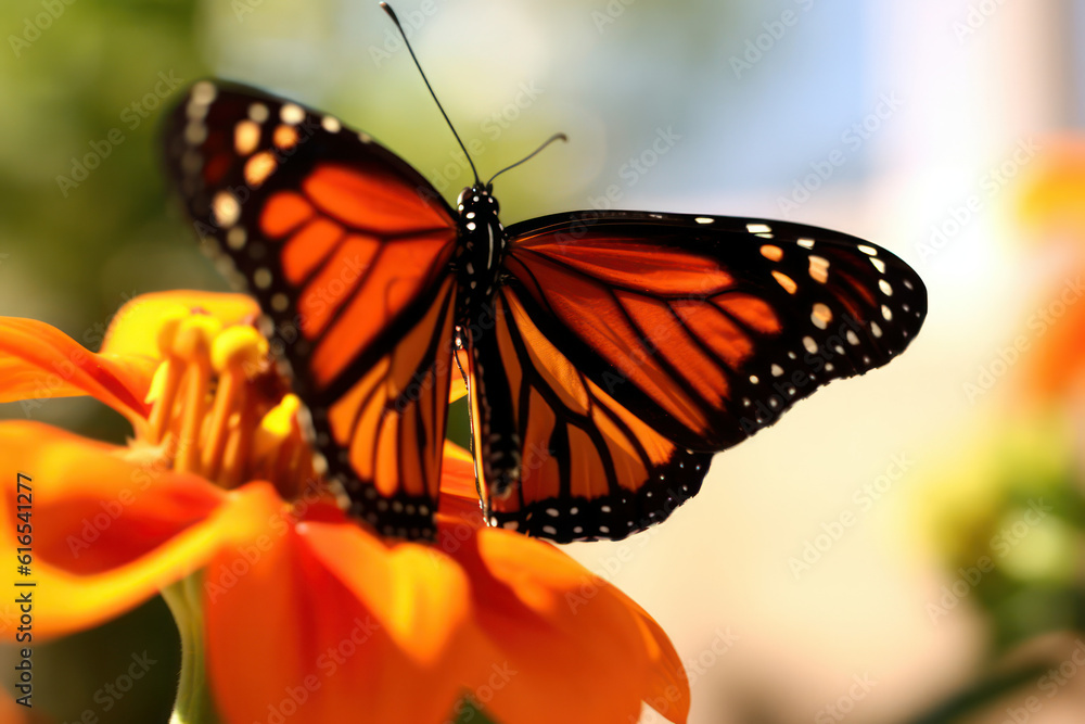 Obraz premium A close-up of a beautiful butterfly perched on a flower, showcasing the intricate details of its wings and the delicate beauty of nature in mesmerizing 8k resolution