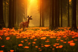 A hyperrealistic image showcasing a deer in a picturesque forest clearing, surrounded by vibrant wildflowers and towering trees, capturing the beauty of nature's harmony and the deer's gentle presence
