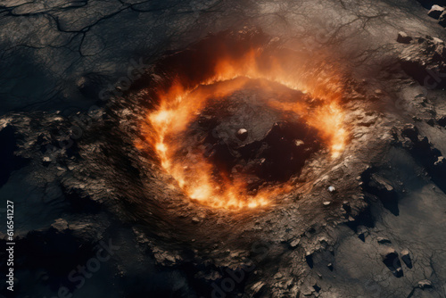 A hyperrealistic capture of an asteroid impact crater, with smoke and flames rising from the epicenter, portraying the aftermath of a devastating collision, in hyperrealistic 8k detail