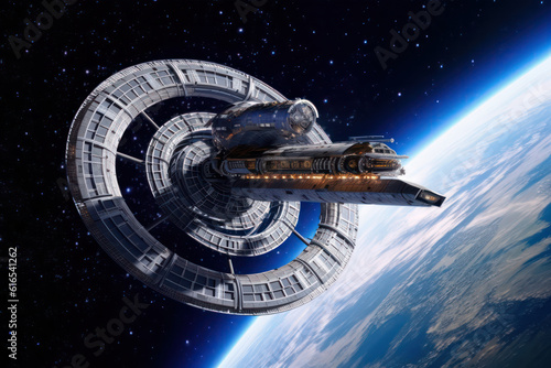 Fototapeta Naklejka Na Ścianę i Meble -  A hyperrealistic image of a spacecraft entering a wormhole, with intricate details of the wormhole's vortex and the sense of interdimensional travel