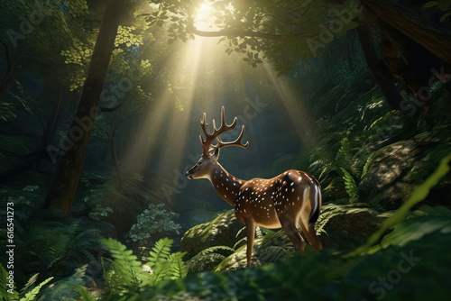 A hyperrealistic portrayal of a deer in a lush green forest, with sunlight streaming through the foliage, illuminating the deer's graceful movements and creating a magical atmosphere