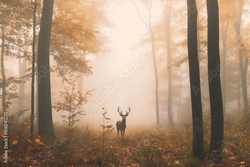 A hyperrealistic portrayal of a deer in a misty forest  with rays of golden light piercing through the fog  creating a mysterious and ethereal ambiance around the magnificent creature