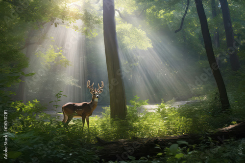 A hyperrealistic image capturing a majestic deer in a beautifully lit forest, with rays of sunlight filtering through the trees, highlighting the deer's grace and elegance in hyperrealistic 8k detail © Matthias