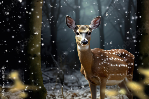 A hyperrealistic portrayal of a deer amidst a snowy forest, with the soft glow of winter light illuminating the surroundings, creating a serene and enchanting atmosphere in hyperrealistic 8k detail