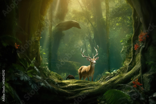 A hyperrealistic portrayal of a deer in a lush green forest, with sunlight streaming through the foliage, illuminating the deer's graceful movements and creating a magical atmosphere