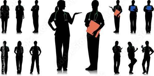 Silhouette of female healthcare worker. Happy smiling doctor with a stethoscope. Female nurse in blue uniform poses. Different color options. Vector flat style illustration set isolated on white