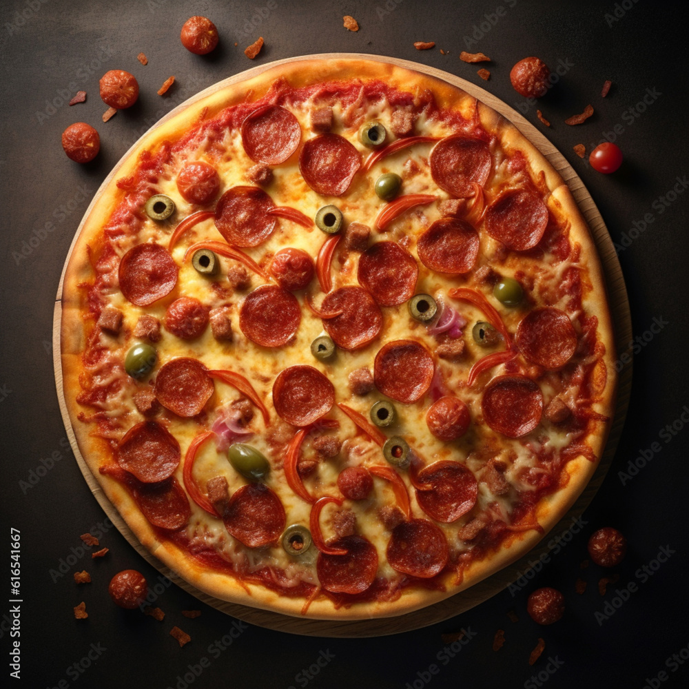 Illustrations, AI generation, pizza with smoked sausage, olives and pieces of bell pepper.