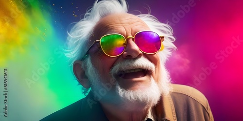 an old man smiling with sunglasses on colorful background, illustration, AI generative