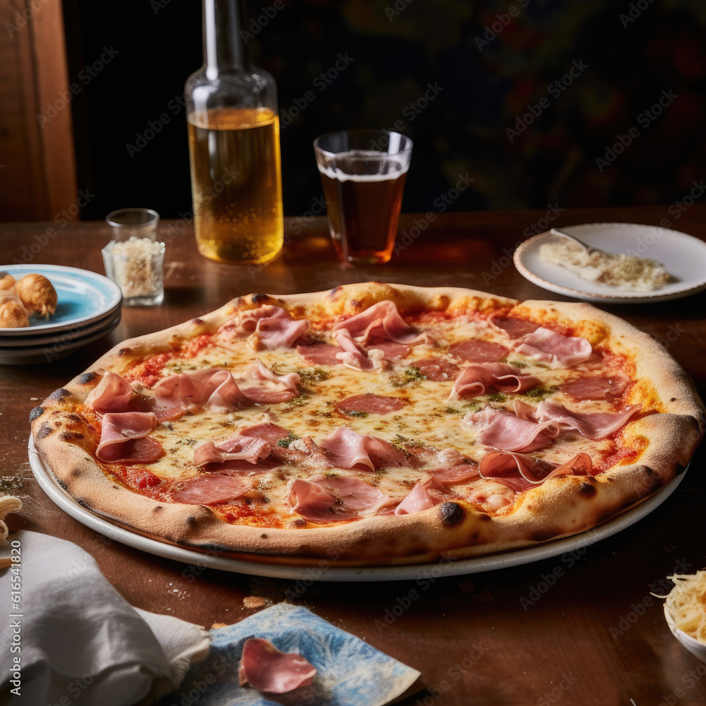 An appetizing UGC photograph showcases a mouthwatering mortadella pizza on a restaurant table. Generative Ai, Ai.