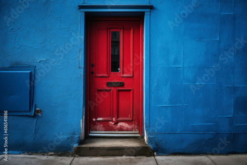 Red door on blue wall generative AI