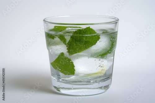 refreshing summer drink with ice and mint leaves in a clear glass