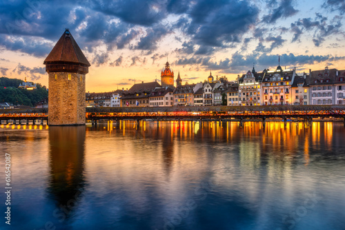 Lucerne city Old town, Switzerland, in sunset light