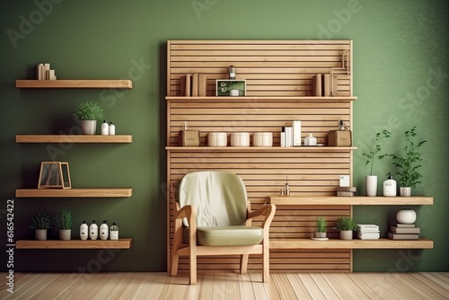 cozy green room with wooden shelves and a comfortable chair photo