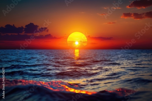 serene ocean sunset with waves gently crashing on the shore. Generative AI © AkuAku