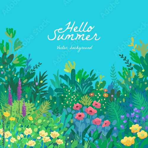 Hello summer square background. Beautiful garden. Poster, banner or cover floral design template. Hand drawn vector illustration