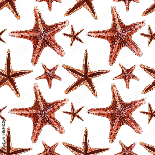 Watercolor seamless pattern with tropical starfish.