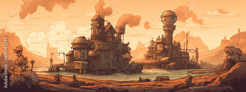 old castle in summer, background, generative, ai, steampunk style