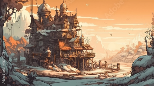 old castle in the snow, background, generative, ai, steampunk style