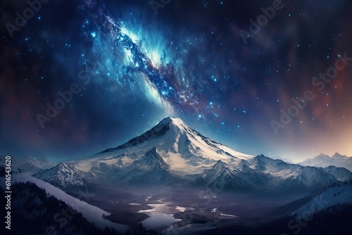 snow-covered mountain under a starry night sky. Generative AI