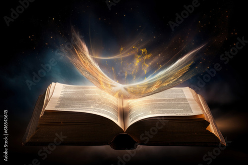 An open book bathed in a warm, glowing light symbolizes the power of knowledge and imagination. Perfect for educational or creative themes. AI Generative.
