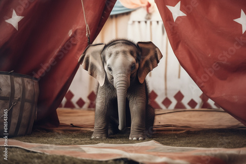Sad young elephant sitting in circus with red curtains