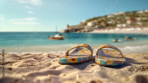 one pair of flipflops standing in the sand at the beach in front of a ocean 